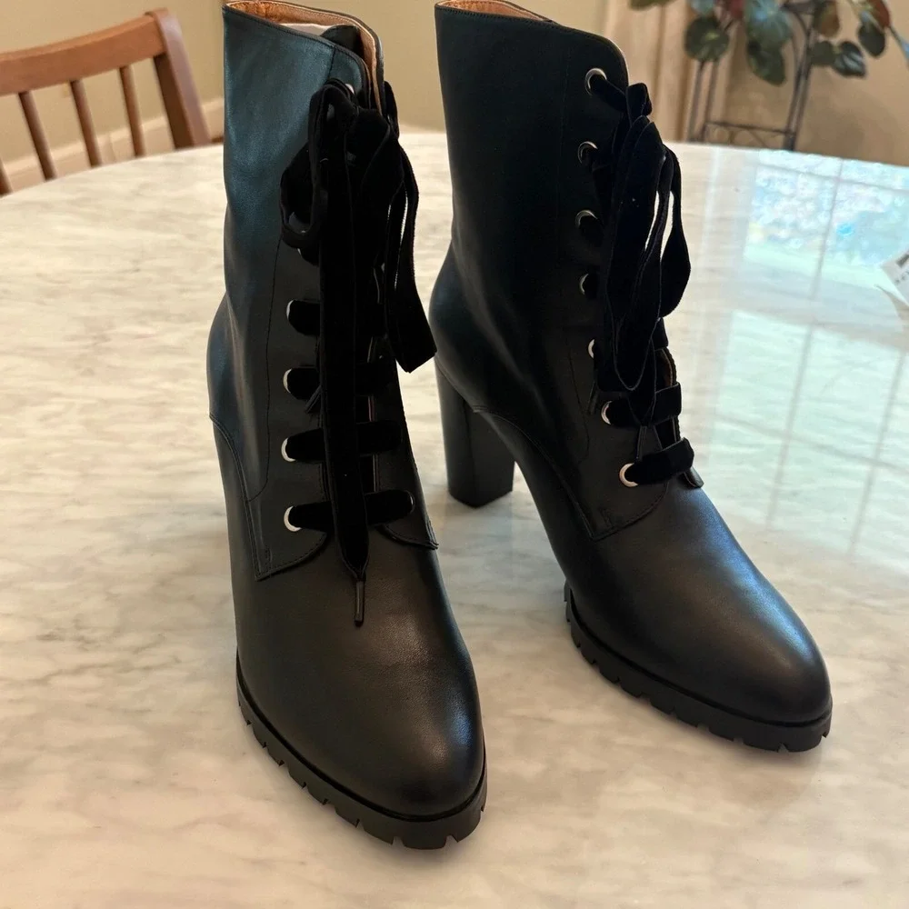 Anthropologie‎ Matiko Emma Lace-Up Lug Sole Block Heel Boot Black 39 NIB